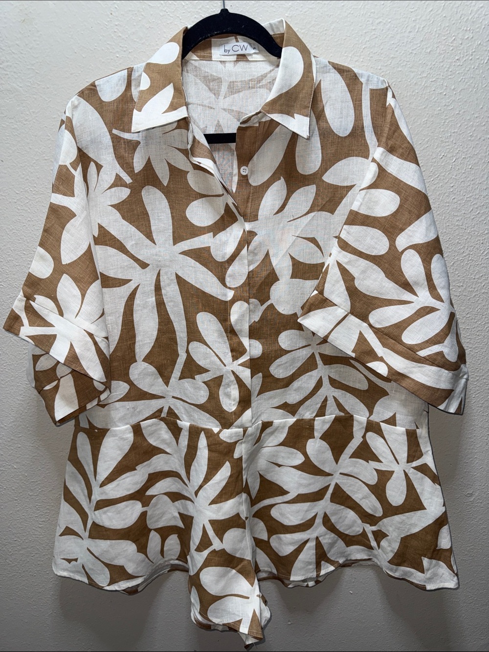 Brown & White Floral Linen Romper with Short Sleeves